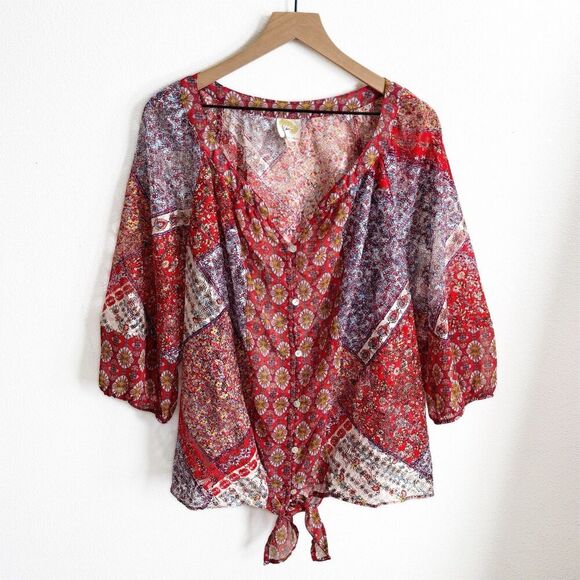 Fig and Flower Top Womens 3X Plus Floral Sheer Button Up Tunic Boho Tropical - Picture 1 of 16